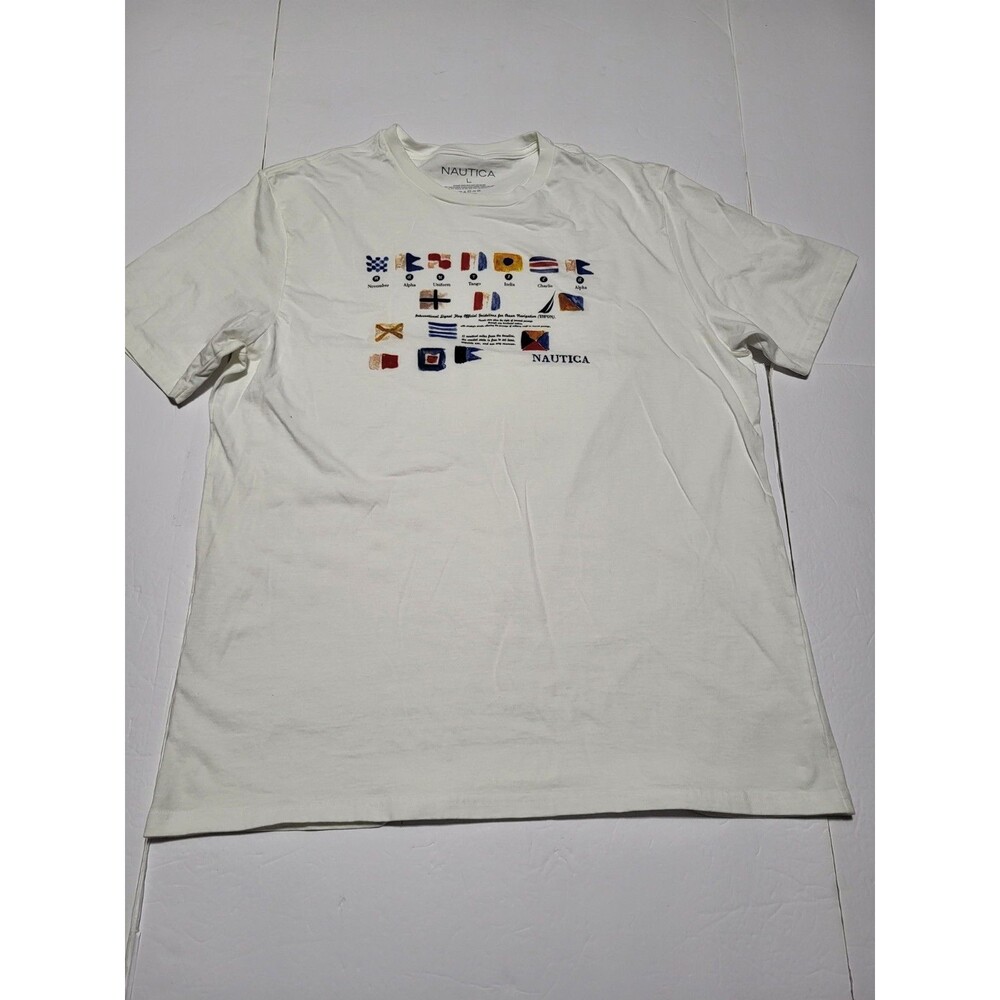 (#19)Nautica Nautical Logo Men's White Cotton T-Shirt Crew Neck Short Sleeve L